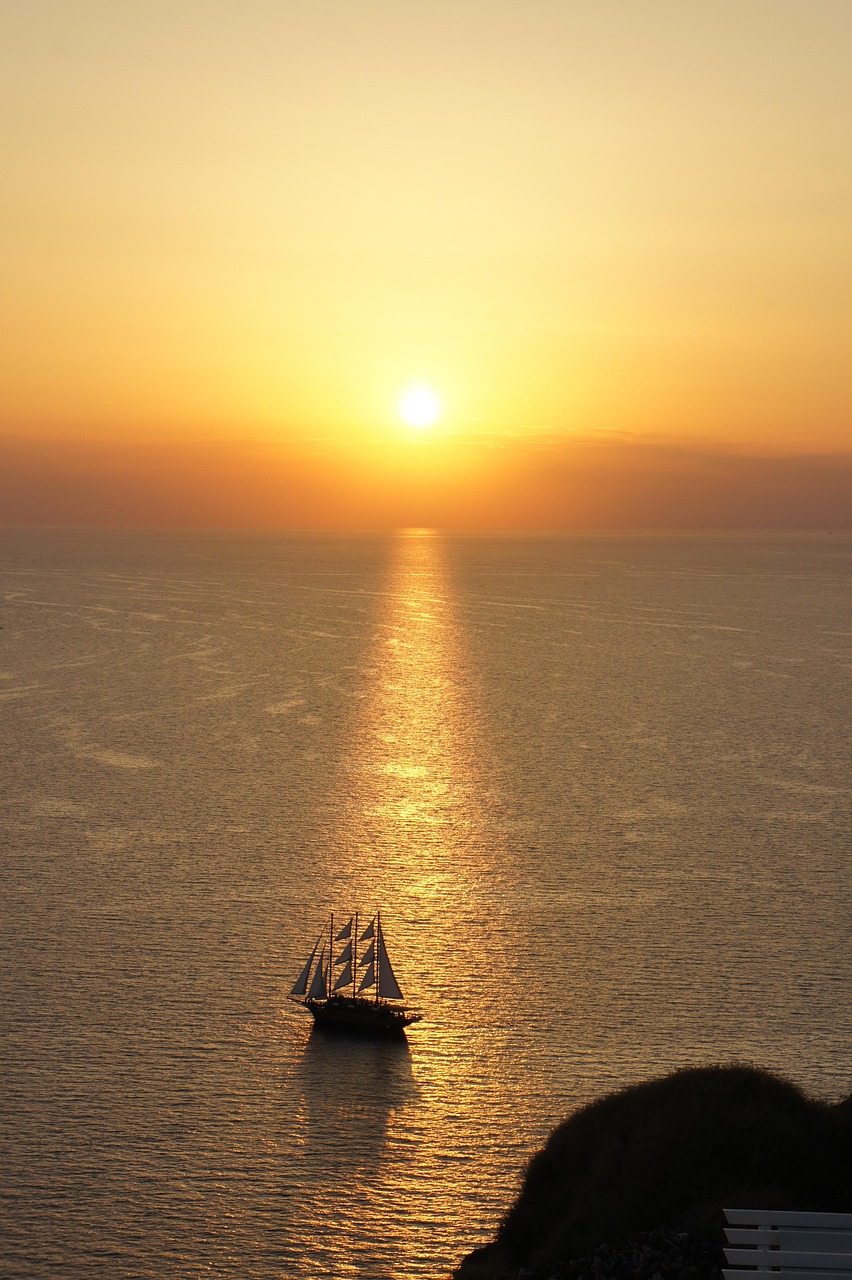 santorini, nature, sunset, ship